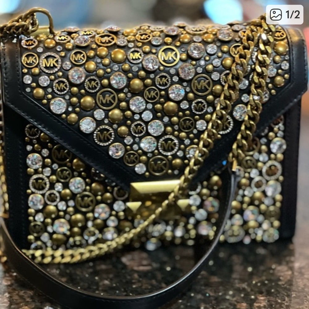 ISO: Michael Kors Whitney Large Black and Gold Embellished Crossbody Bag